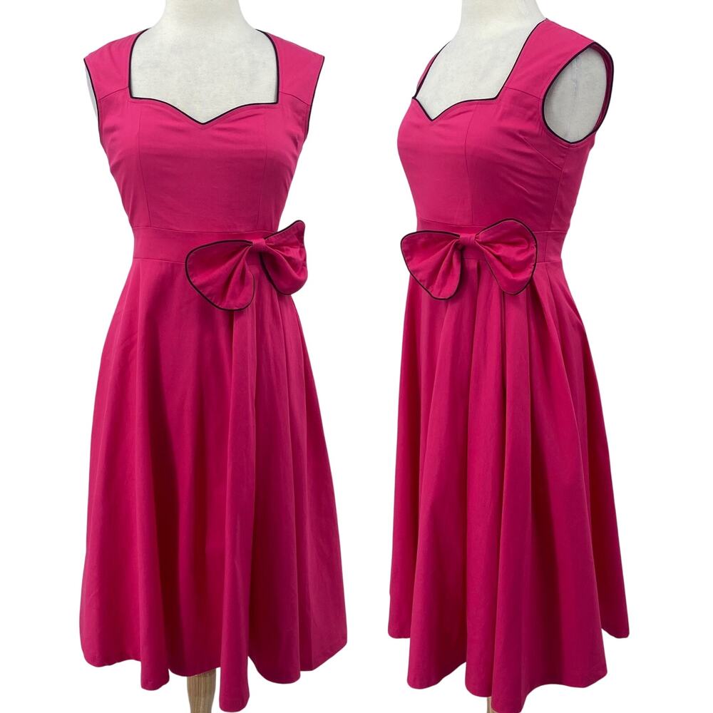 Lindy Bop Fit & Flare Midi Dress Sweetheart Neck Bow Waist Retro Pink NEW Medium